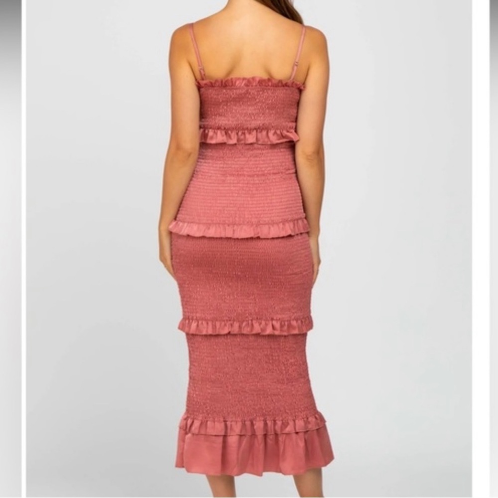 MABLE Satin Smocked Fitted Ruffled Midi Dress- Wine Color - Picture 3 of 10